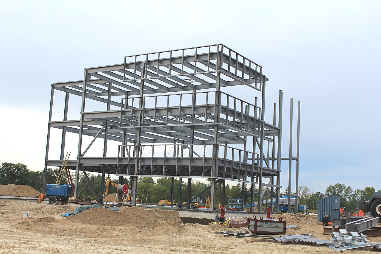 Steel-frame commercial building under construction